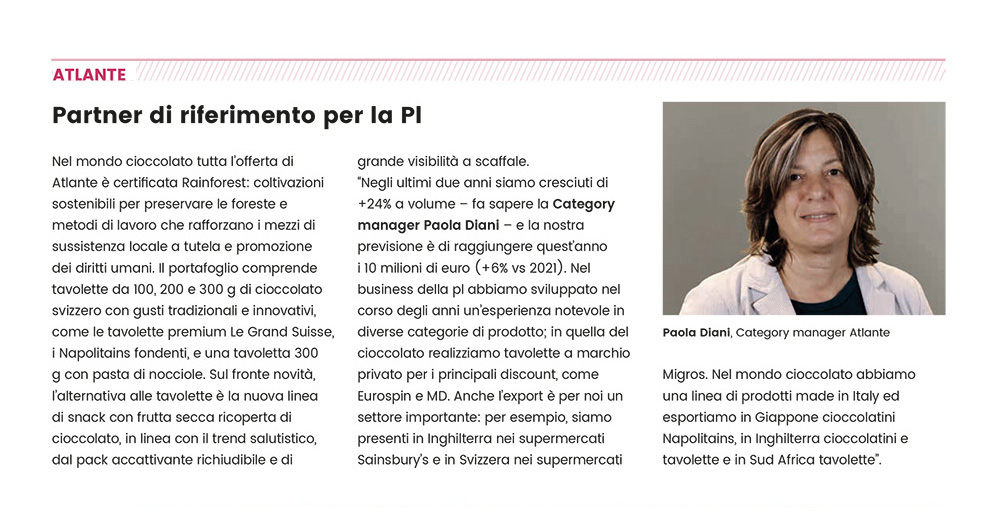 Estratto mercato cioccolato Atlante FOOD giugno 2022 invervista Paola - Atlante si conferma un partner di riferimento per i prodotti a marchio anche nel comparto del cioccolato