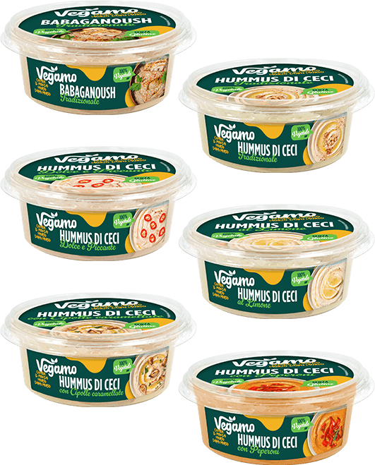 New Vegamo plant-based sauces: a product line expansion blending tradition and innovation Salse Vegamo tot 02 Full range of Vegamo plant-based sauces: baba ganoush and hummus in six varieties, 100% plant-based, gluten-free and preservative-free