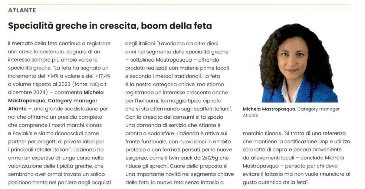 Specialita greche in crescita boom della feta - Atlante e la crescita delle specialità greche: la feta protagonista
