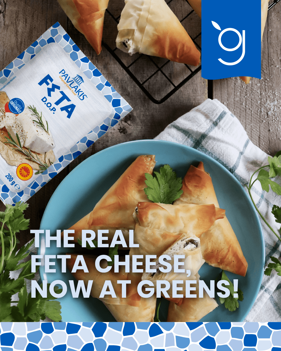 Pavlakis PDO feta with filo pastry triangles, available in Maltese retail stores