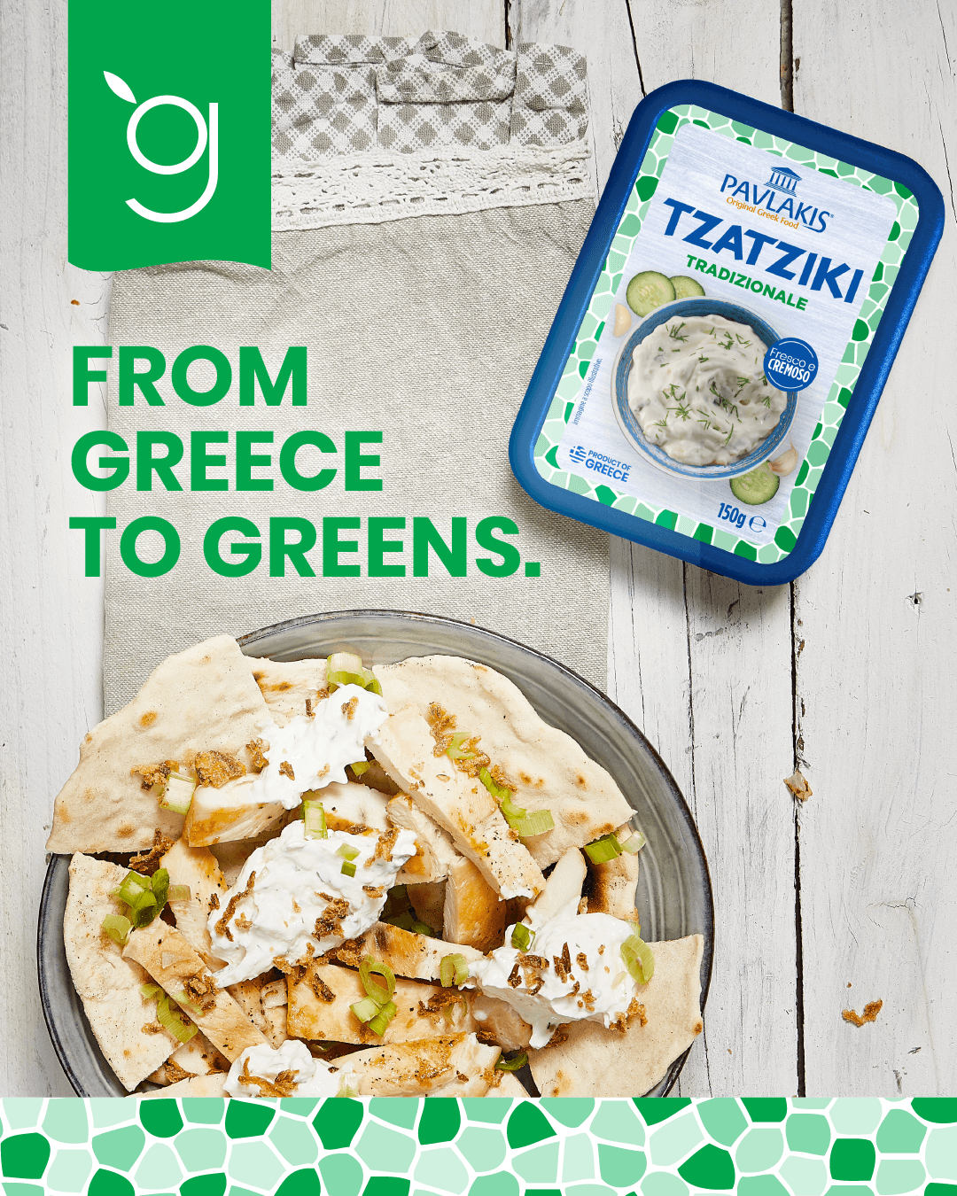 Traditional Pavlakis tzatziki with pita, now in Greens stores in Malta