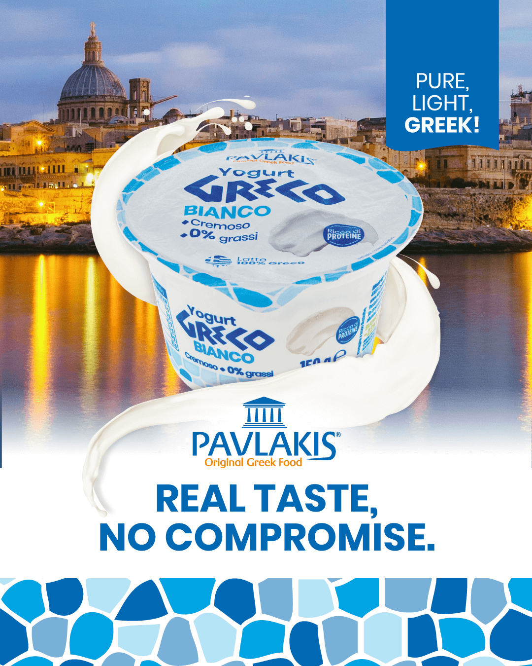 Greek yogurt Pavlakis 0% fat with Maltese skyline at sunset