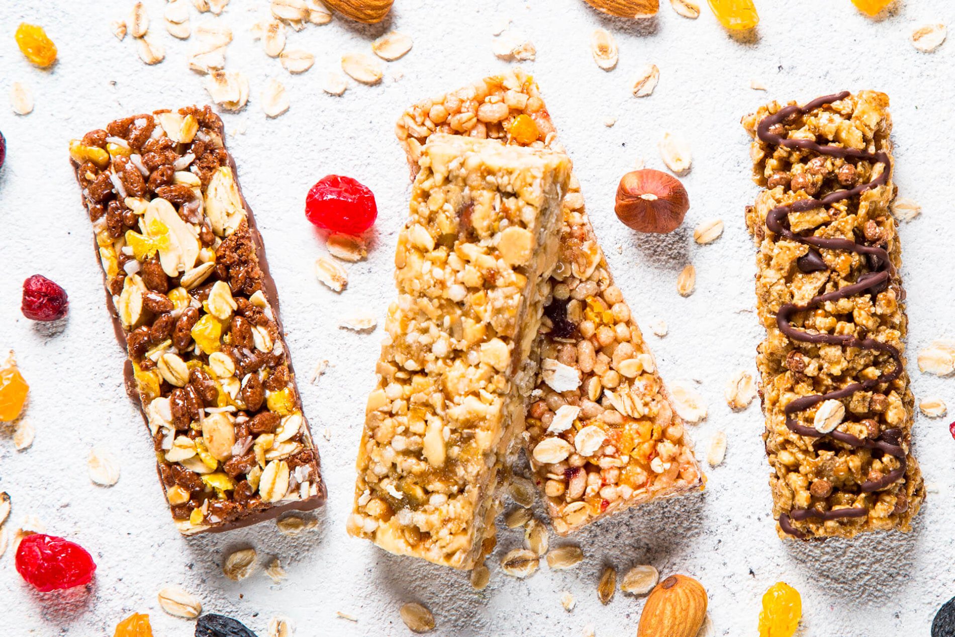 Prodotti Proteici — macro: assortimento di snack e alimenti proteici, dolci e salati