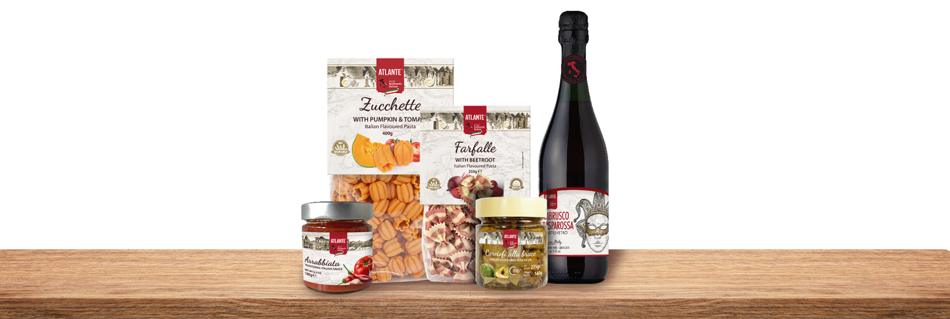 Atlante Brand assortimento di specialità italiane con olive, carciofi, conserve e salse tipiche regionali
