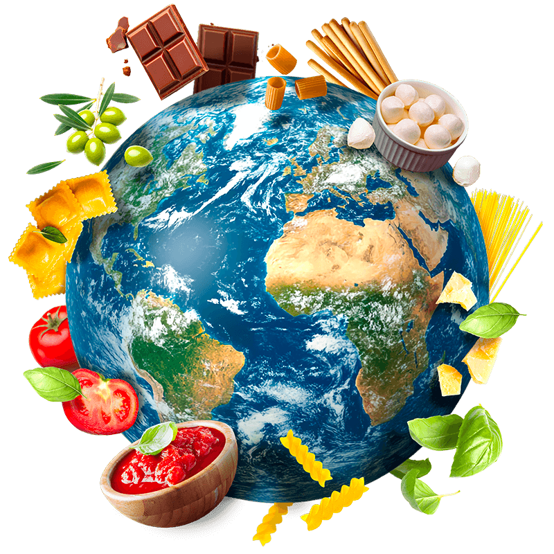Globe surrounded by food products representing Atlante global sourcing