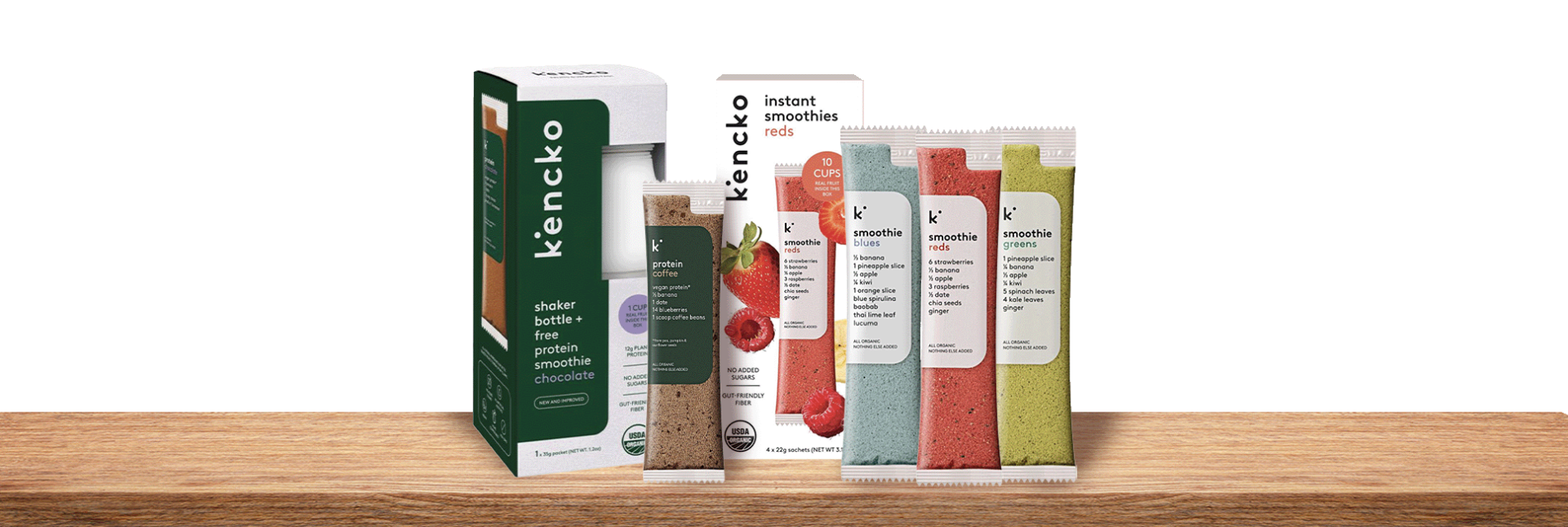 Kencko prodotti biologici plant-based con smoothie liofilizzati, snack di frutta, avena e bevande vegetali