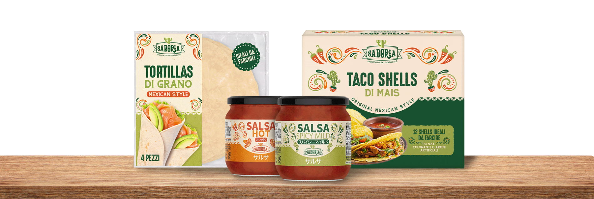 Saboria specialità messicane con tortillas, taco shells e salse speziate