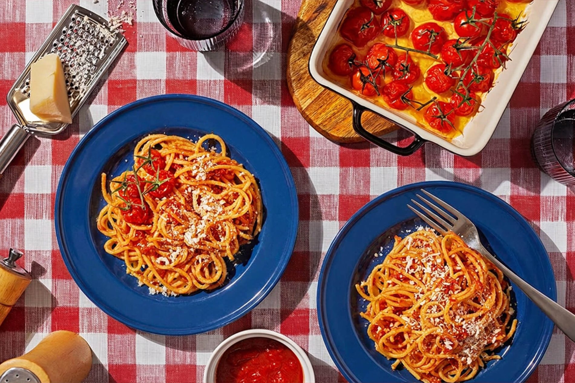 Italian pasta with tomato sauce served at a table