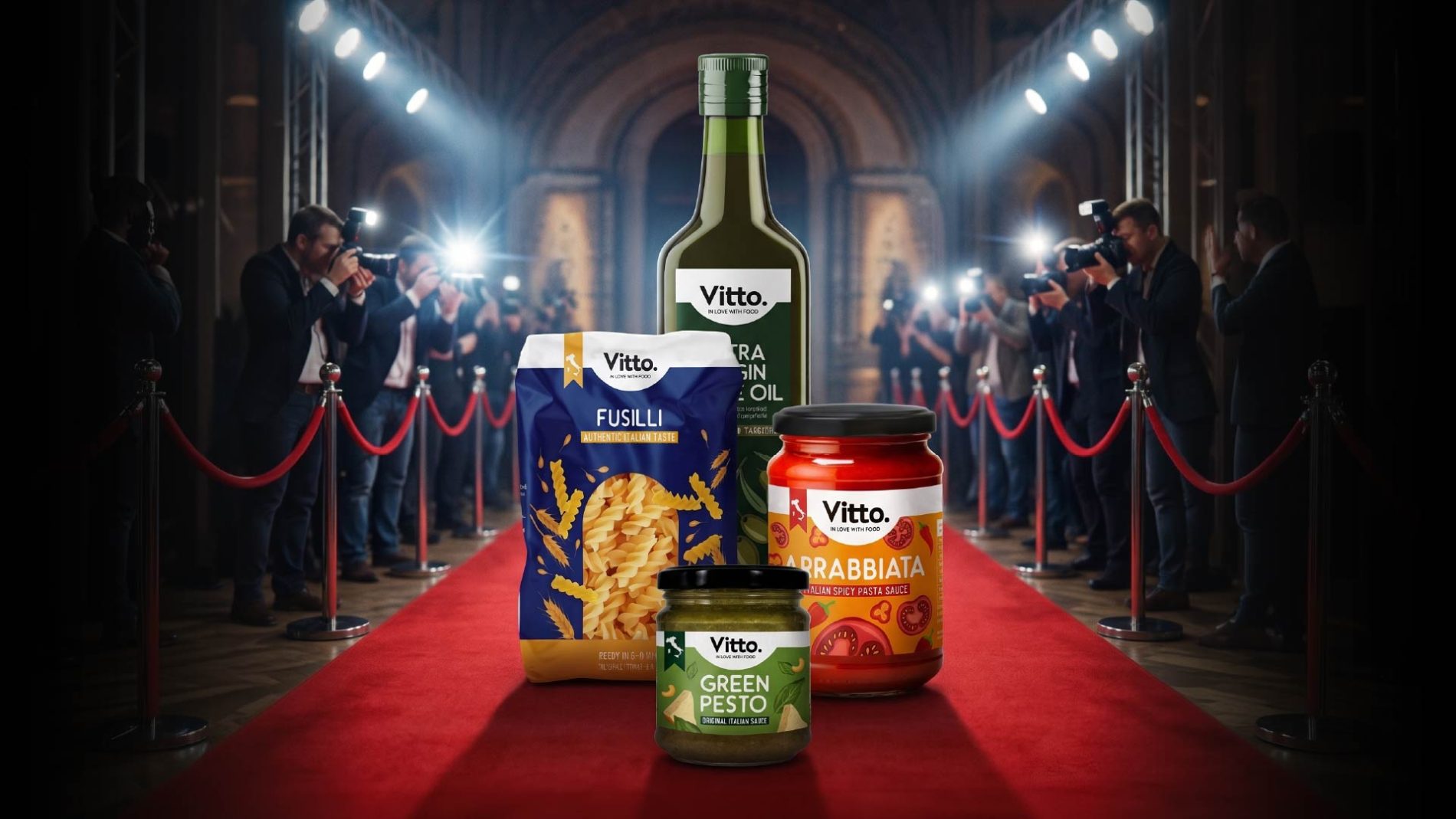 cVitto product range (fusilli, extra virgin olive oil, arrabbiata sauce, pesto) on red carpet with A' Design Award Winner Silver 2026 logo