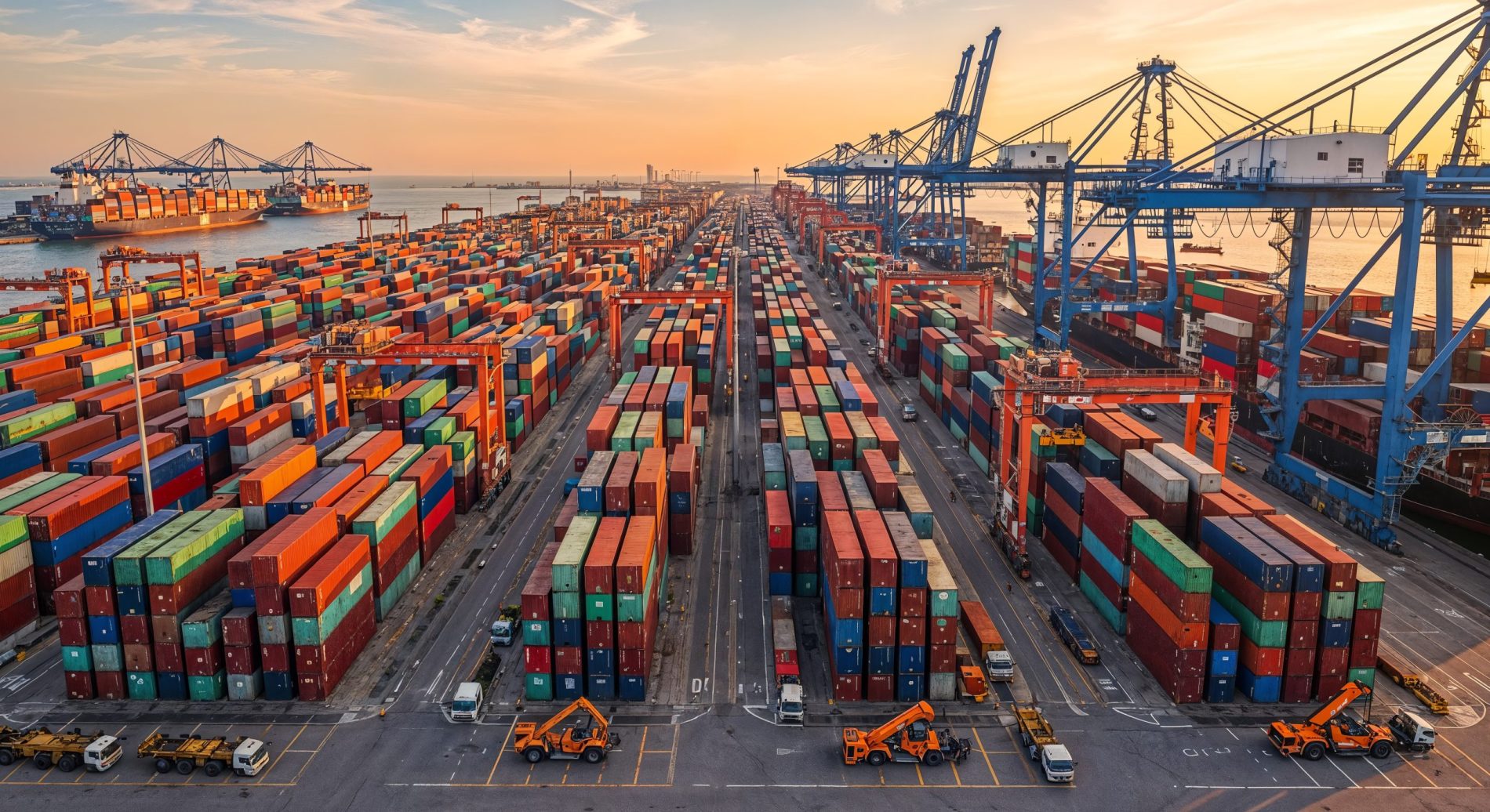 aerial view busy container port sunset - Uk Export Finance: The ultimate guide to selling FMCG goods overseas