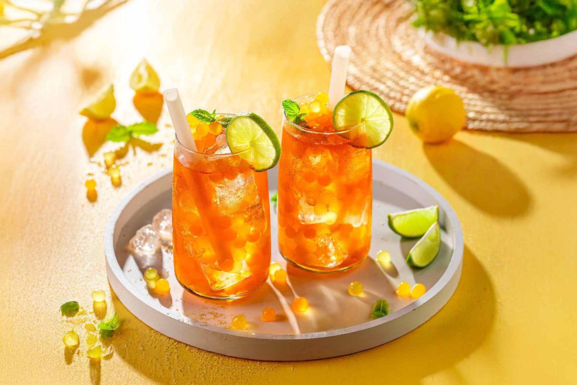 Bevande: selezione di succhi, aloe, bubble tea e drink funzionali