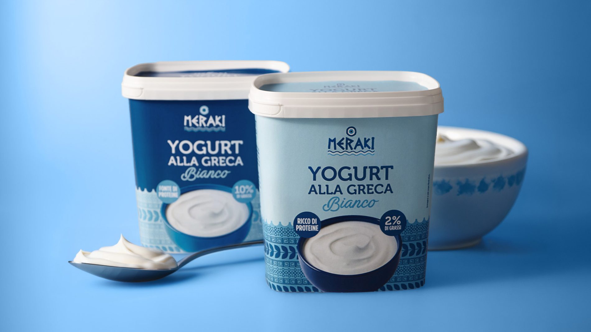 Yogurt alla greca Greek Style Meraki in formato da 1 kg, varianti 2% e 10% di grassi, pack square