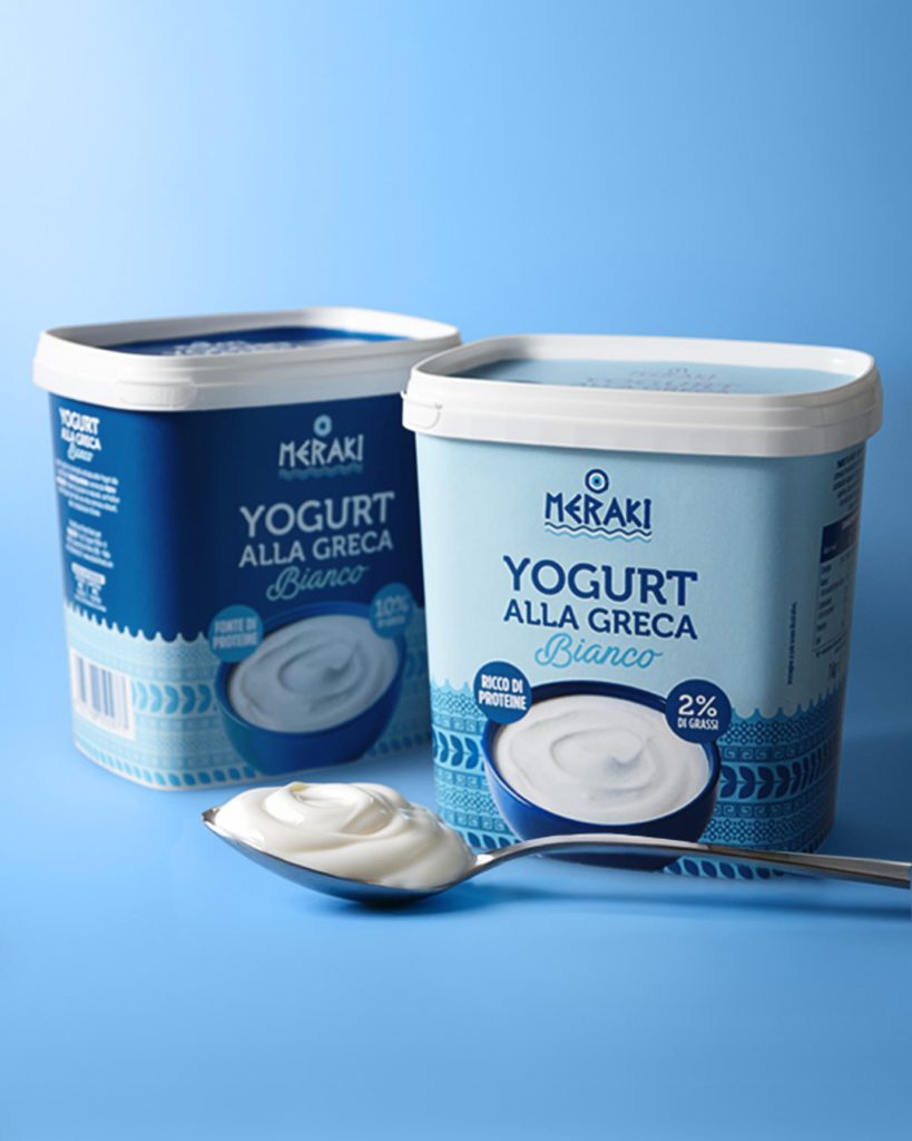 Yogurt alla greca Greek Style Meraki in formato da 1 kg, varianti 2% e 10% di grassi, pack square
