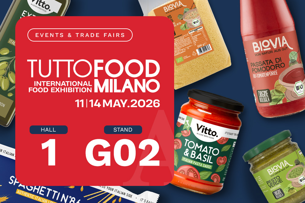 Atlante at Tuttofood 2026, Fiera Milano Hall 1 Stand G02: food retail assortments, Greek specialities, plant-based and international markets.