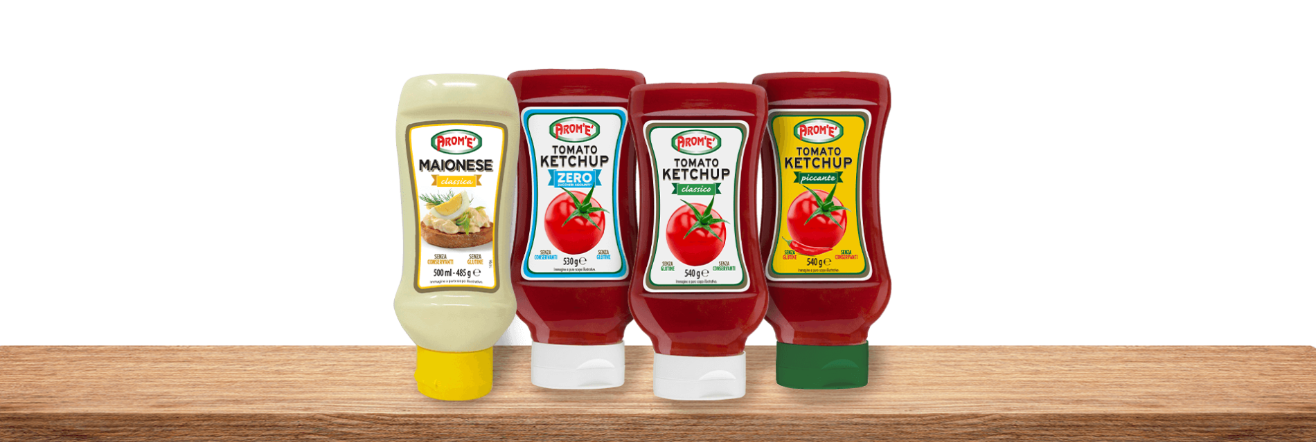 Gamma Arom’è con ketchup classico, ketchup piccante, ketchup zero e maionese