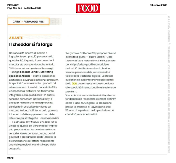 Articolo Food Cheddar settembre ART | Cathedral City: il cheddar inglese conquista nuove occasioni di consumo in Italia