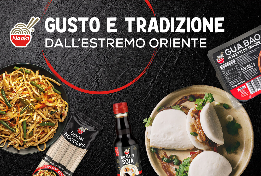 Copertina Naoki con udon noodles, salsa di soia e gua bao su sfondo nero. Testo: Gusto e tradizione dall’Estremo Oriente.
