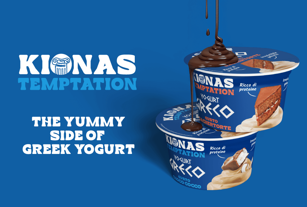 Kionas Temptation Greek yoghurt pots in Sacher Torte and Coco Choco flavours, with dark chocolate drizzle on a blue background, accompanied by the claim "The indulgent side of Greek yoghurt