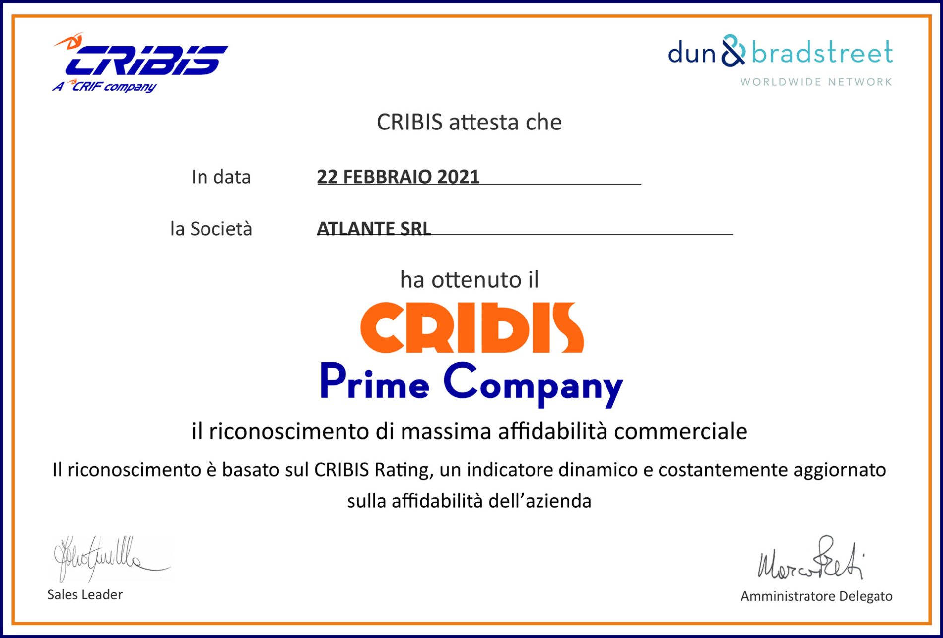 Attestato CRIBIS ITA 03 17 ATLANTE SRL - Atlante earned CRIBIS Prime Company 2021