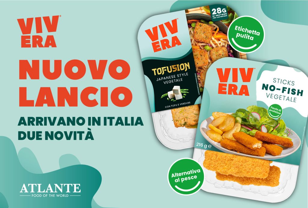 Packaging dei nuovi prodotti vegetali Vivera in lancio in Italia: Tofusion Japanese Style con tofu e verdure, e Sticks No-Fish, alternativa vegetale al pesce. Branding Atlante.