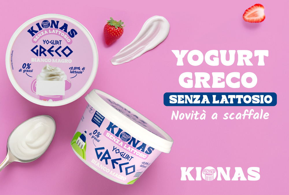 Vasetto da 500g di yogurt greco bianco magro senza lattosio Kionas, novità a scaffale