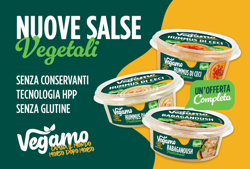 Nuove salse vegetali Vegamo: hummus e babaganoush senza conservanti, gluten free, con tecnologia HPP