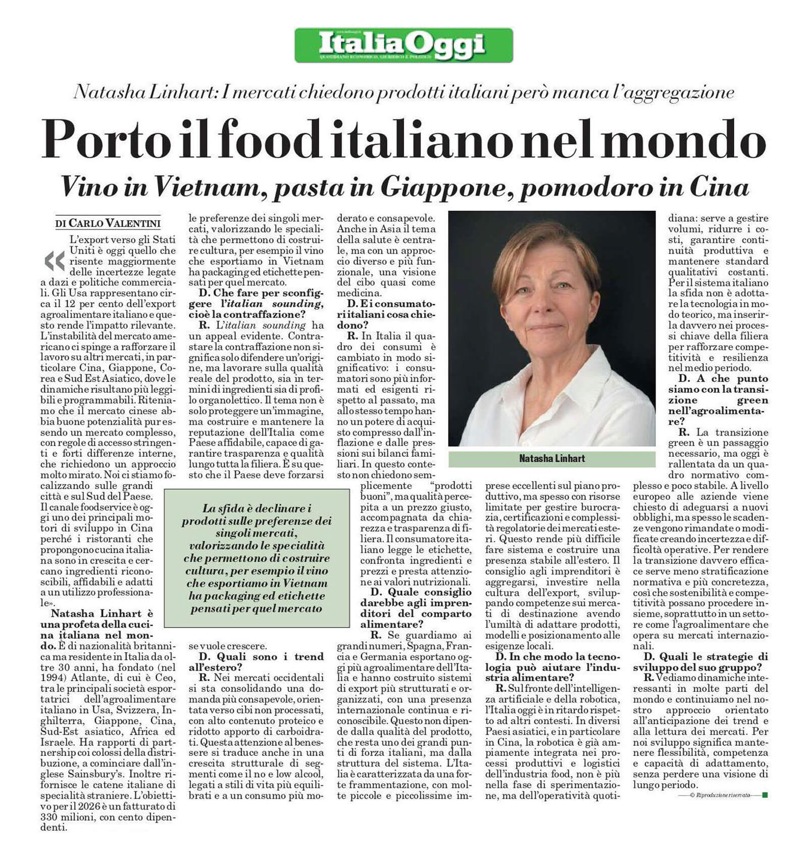 Articolo Italia Oggi intervista a Natasha Linhart