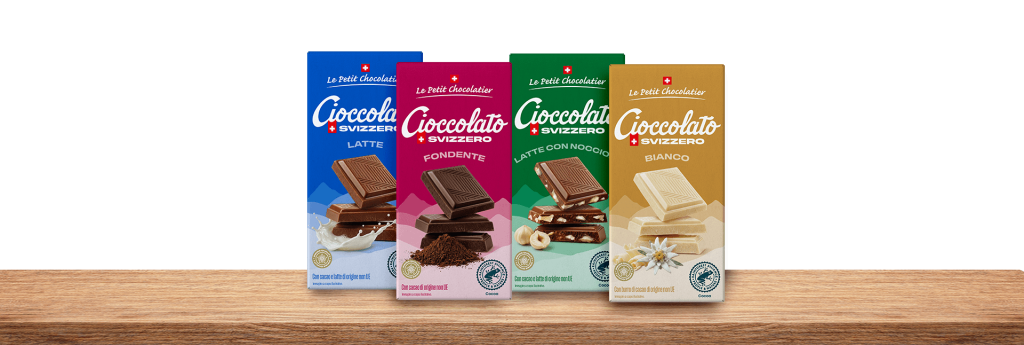 Gamma Le Petit Chocolatier di cioccolato svizzero al latte, fondente, alle nocciole e bianco