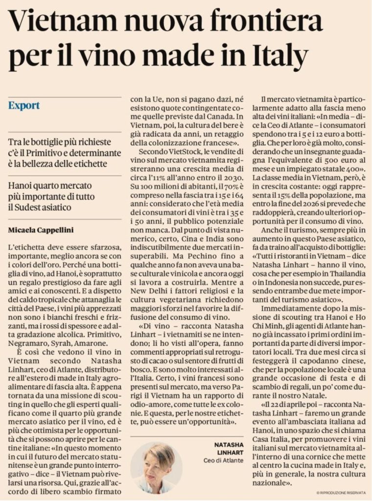 Vietnam la nuova frontiera per il vino made in italy articolo de Il Sole 24 Ore