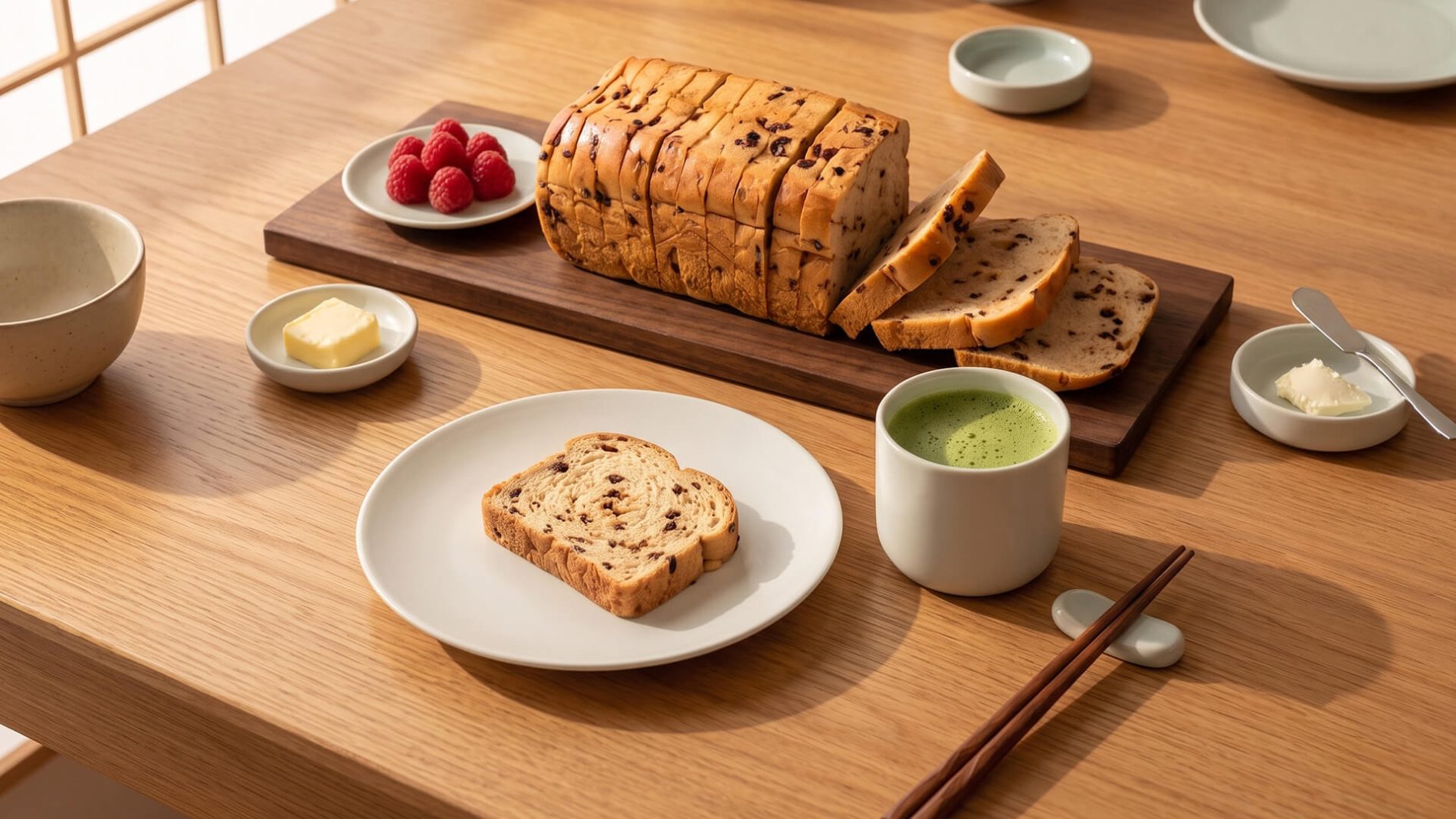 Brioche con gocce di cioccolato servita a colazione con matcha, burro e lamponi su una tavola in legno.