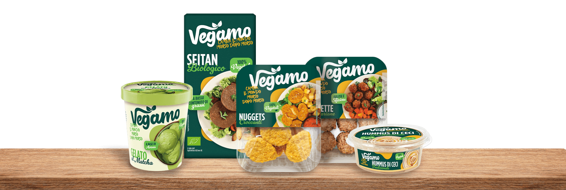 Gamma Vegamo di prodotti plant based con seitan, burger, nuggets, polpette, hummus e gelato