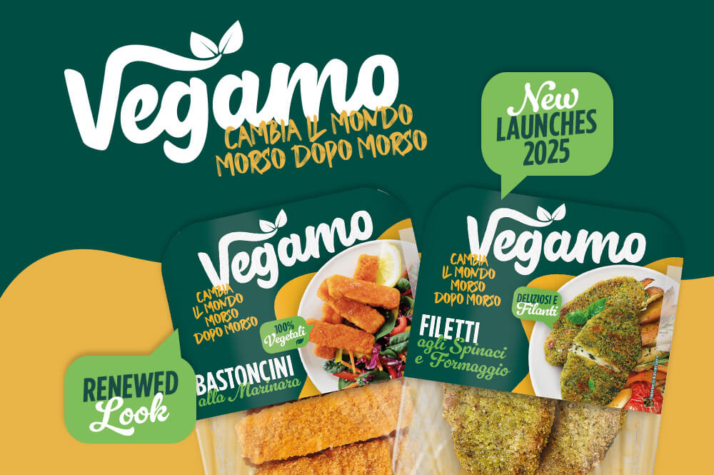 Pack Vegamo rinnovato con i nuovi lanci 2025: Bastoncini alla marinara e Filetti agli spinaci e formaggio.
