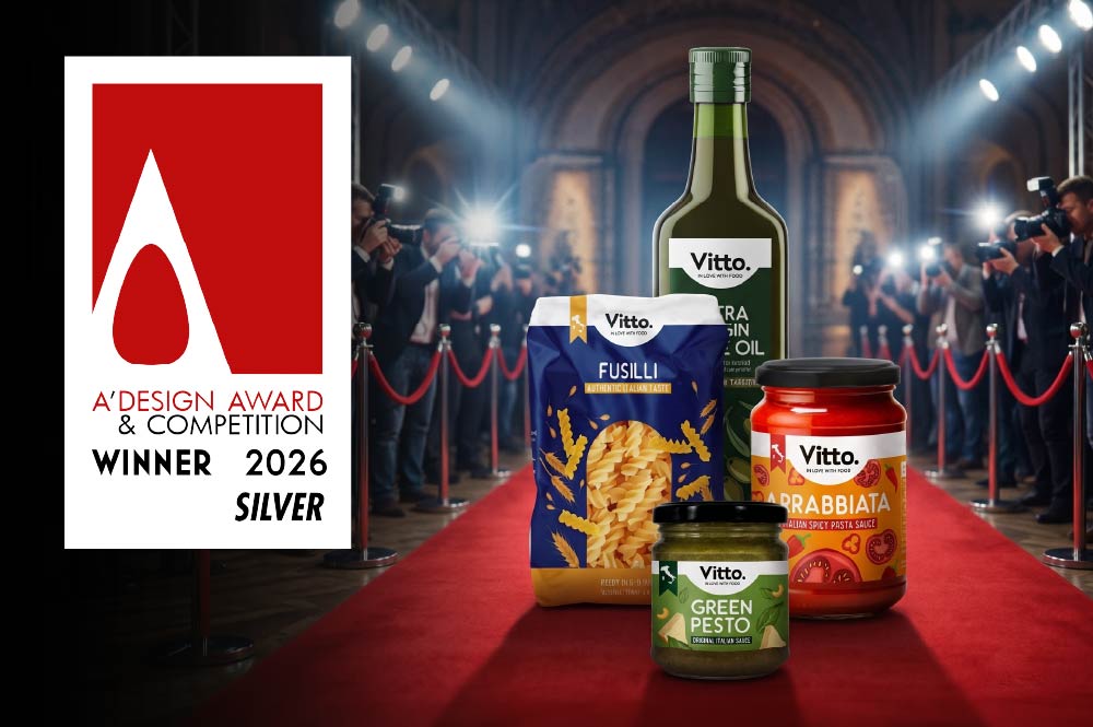 Prodotti Vitto in evidenza su red carpet con logo A' Design Award Winner Silver 2026