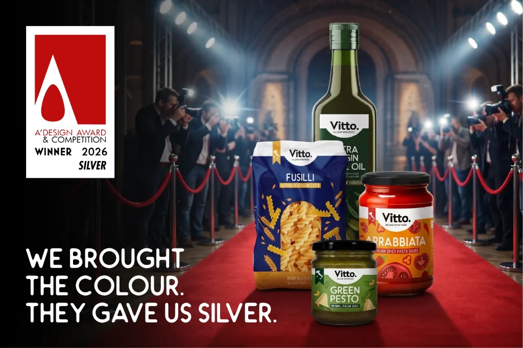 Prodotti Vitto in evidenza su red carpet con logo A' Design Award Winner Silver 2026, campagna "We brought the colour, they gave us silver"