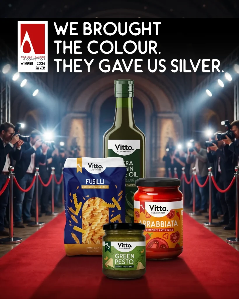 Vitto products on red carpet with A' Design Award Winner Silver 2026 logo, "We brought the colour, they gave us silver" campaign