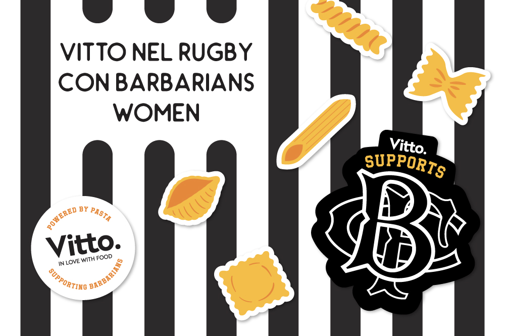 Vitto sponsor delle Barbarians Women, grafica con badge Vitto e Barbarians e adesivi a forma di pasta su sfondo a righe