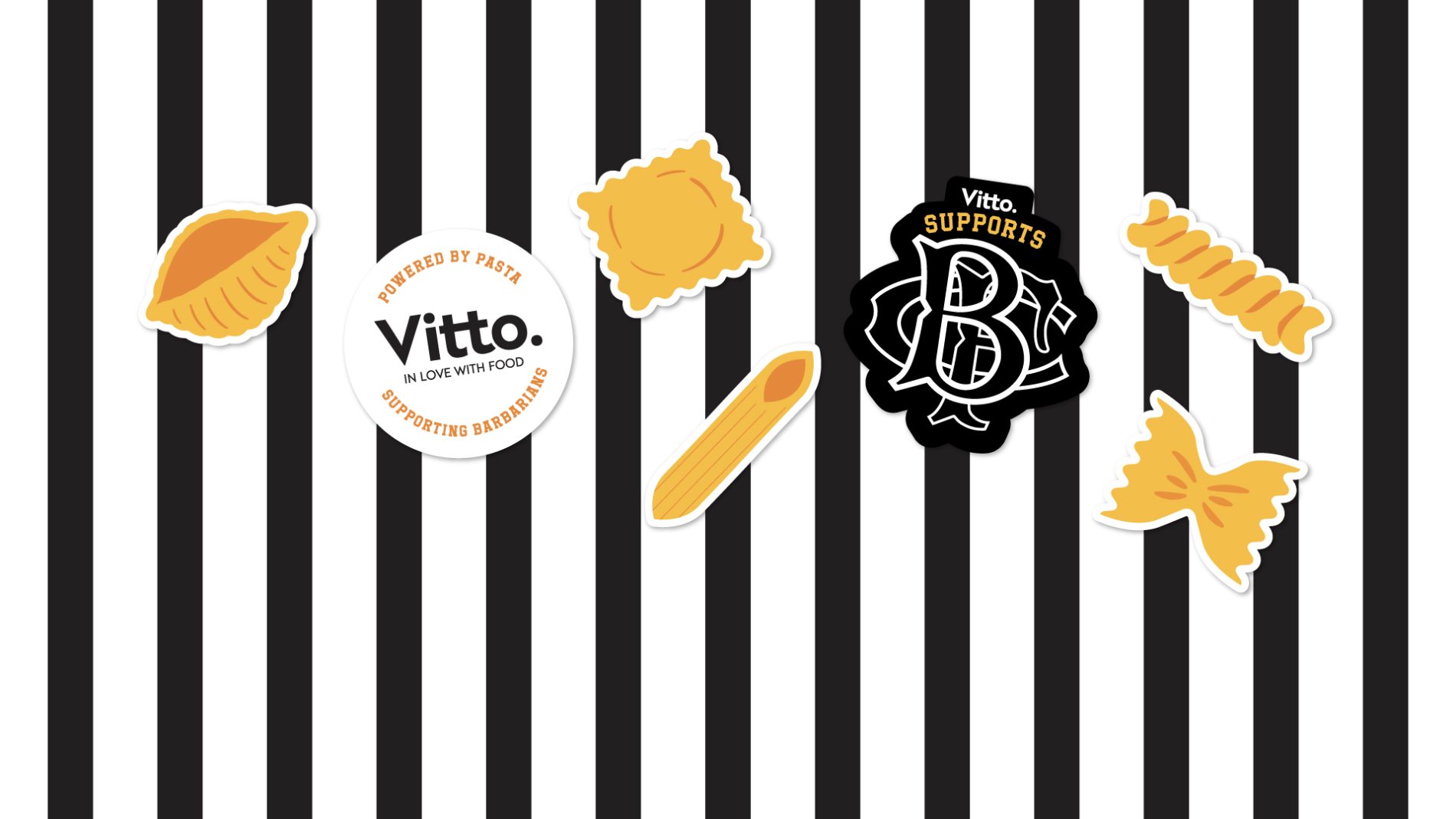 Vitto sponsor the Barbarians Women's team, graphic with Vitto and Barbarians badges and pasta-shaped stickers on a striped jersey background